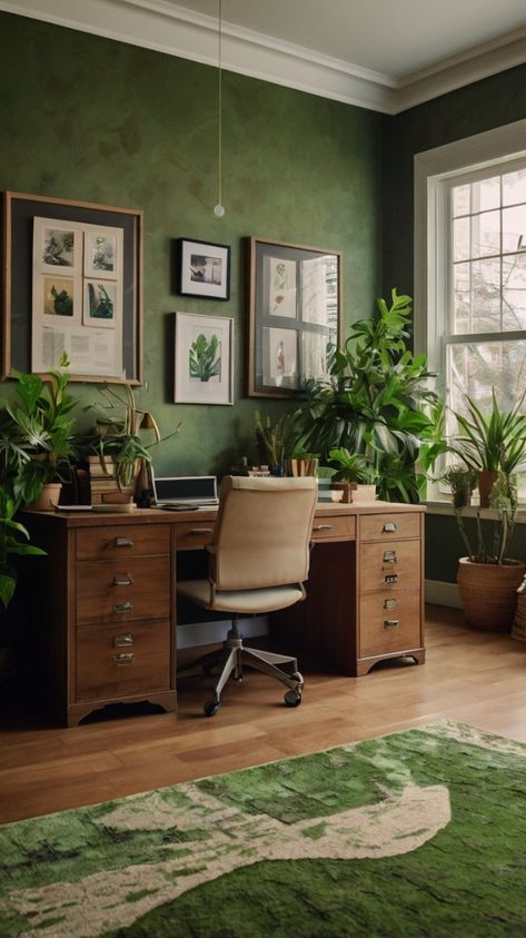 Emerald And Gold Office, Earthy Study Room, Dark Green Study Room, Naturalist Interior Design, Zoom Room Office, Sophisticated Office Design, Second Room Ideas, Green Study Room, Study Room Designs