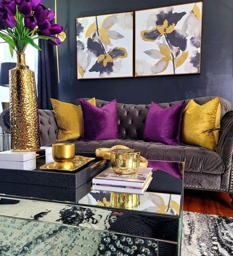 Grey Purple Gold Living Room, Royal Purple And Gold Living Room, Black Gold And Purple Living Room Ideas, Purple Yellow Living Room, Black And Purple Living Room Decor, Purple Themed Living Room, Purple And Gray Living Room Ideas, Purple And Green Living Room Ideas, Purple And Gold Living Room Decor