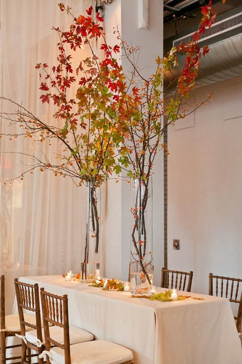 NY Cityscape Wedding - Inspired By This Cityscape Wedding, Tree Branch Centerpieces, Wedding Centerpiece Ideas, Branch Centerpieces, Flowers Candles, Fall Wedding Centerpieces, Wedding Inside, Orange Wedding, Wedding Inspiration Fall