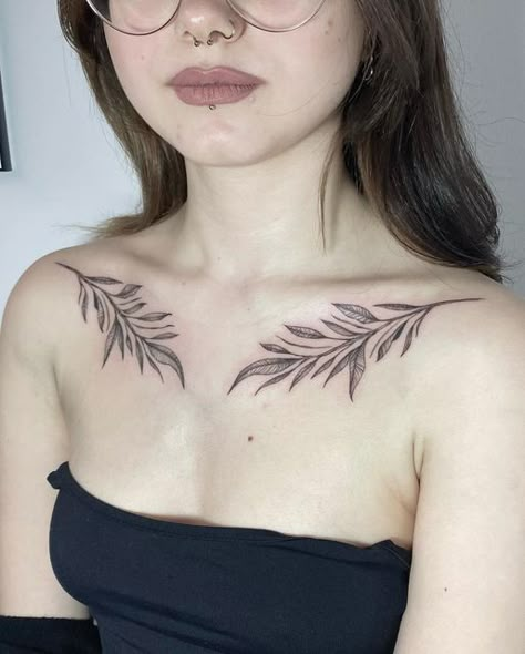 Plant Tattoos Collar Bone, Earthy Collarbone Tattoos, Leaves Chest Tattoo Female, Collarbone Tattoos Symmetrical, Collarbone Plant Tattoo, Symmetric Collarbone Tattoo, Collar Bone Tattoo Plants, Matching Collarbone Tattoo, Vine Tattoos Collar Bone