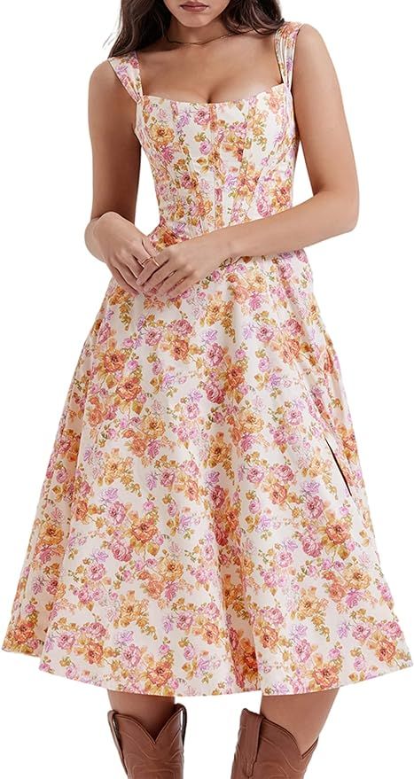 فستان زهري, Hak Tinggi, Pink Long Dress, Floral Bustier, Robes Vintage, Floral Corset, Midi Sundress, Vintage Summer Dresses, Floral Print Midi Dress