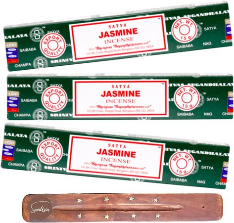 Satya Nag Champa Jasmine Incense Sticks | x3 pack | with SAMASIA incense sticks holder | Used for Aromatherapy, Yoga, Meditation and Relaxation Jasmine Incense, Aura Cleansing, Nag Champa, Reiki Meditation, Fragrant Plant, Clear Negative Energy, Incense Sticks Holder, Christmas 2023, Incense Sticks