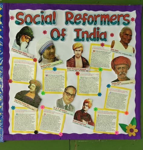 Social Reformers of India 🇮🇳 School bulletin board ideas Freedom Fighters Project Ideas, Charts For School Notice Board, Social Bulletin Board Ideas, School Notice Board Ideas Student, Social Reformers Of India Chart, India Bulletin Board Ideas, Indian History Project Ideas, Social Science Chart Ideas, Social Science Tlm Ideas