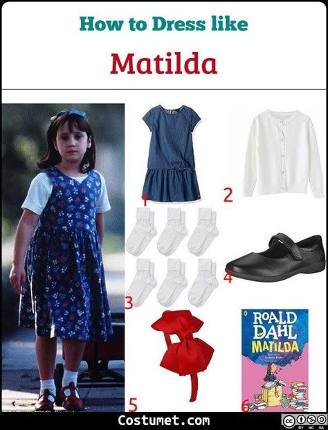 Matilda costume is an adorable denim dress, a white cardigan, cuff socks, black Mary Janes, and red headband.             #Female #movies #female #kid #toddler #Matilda #RoaldDahl Matilda Book Character Costume, Matilda Dress Up, Matilda Outfit, Female Movies, Matilda Style, Matilda Broadway, Matilda Wormwood, Matilda Costume, Book Characters Dress Up