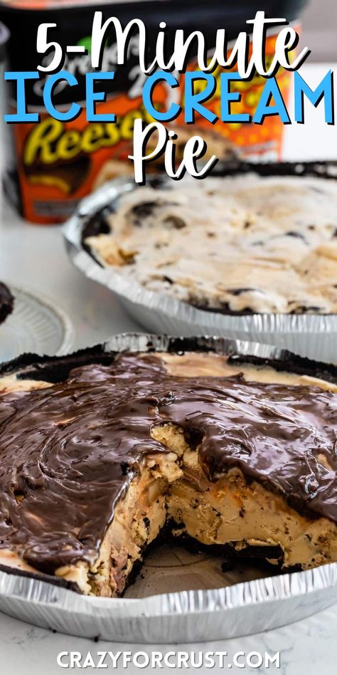 Make Ice Cream Pie in 5 minutes with just 2 or 3 ingredients! This is such a quick and easy dessert recipe. Reeses Ice Cream Pie, Chocolate Peanut Butter Ice Cream Pie, Ice Cream Pies Recipes Easy, Easy Ice Cream Desserts Quick, Ice Cream Pie Recipes Easy, No Bake Crust, Easy Ice Cream Pie, Ice Cream Desserts Easy, Ice Cream Pie Recipes