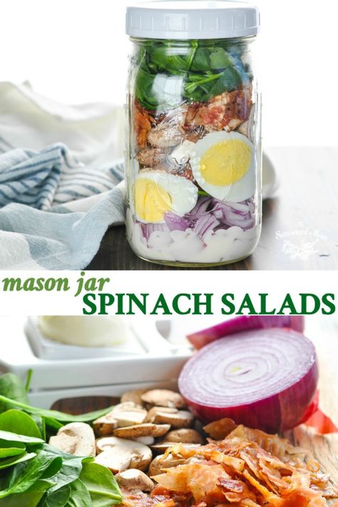 This Mason Jar Spinach Salad recipe is easy to assemble in advance, it's portable, and it's packed with a variety of flavors and textures. Perfect for easy lunch meal prep, too! Easy Lunch Meal Prep, Baby Spinach Recipes, Spinach And Bacon, Mason Jar Salads, Easy Meal Prep Lunches, Jar Salads, Jar Salad, Make Ahead Salads, Mason Jar Salad Recipes