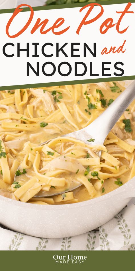 Looking for a quick and comfort food dinner idea? This easy chicken and noodles recipe is ready in 30 minutes! Made with rotisserie chicken and a creamy broth, it's the ultimate comfort food for busy weeknights. #ourhomemadeeasy #dinner #chicken #easydinner Rotisserie Chicken And Noodles Easy, Quick And Easy Dinner Recipes Using Rotisserie Chicken, Reames Chicken And Noodles, Easy Chicken And Noodles Recipe, Rotisserie Chicken Dinner Ideas, Homemade Chicken And Noodles, Easy Chicken And Noodles, Chicken And Noodles Recipe, Creamy Chicken And Noodles