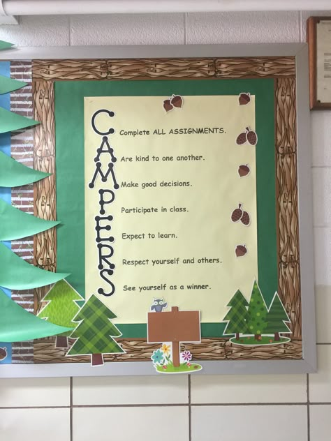 Camping bulletin board Great Outdoors Bulletin Board Ideas, Classroom Theme Camping, Summer Camp Decorating Ideas, Camping Office Decor, Camping School Theme Bulletin Boards, Camper Bulletin Board Ideas, Outdoor Themed Bulletin Boards, Forest Theme Office Decor, Camp Themed Bulletin Board