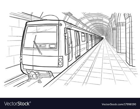 Train Station Perspective Drawing, Train Station One Point Perspective, Subway Perspective Drawing, Train One Point Perspective, Subway Station Drawing, 1point Perspective Drawing, Train Perspective, Train Station Drawing, Subway Sketch