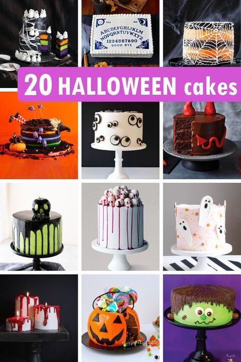 A roundup of 20 HALLOWEEN CAKES-- Awesome, spooky, clever Halloween cake ideas for your Halloween party. Ghosts, monsters, and more. Halloween Cake Ideas, Halloween Cakes Easy, Spooky Halloween Cakes, Witch Cake, Spooky Cake, Halloween Birthday Cakes, Spooky Ideas, Ghost Cake, Halloween Cake Decorating