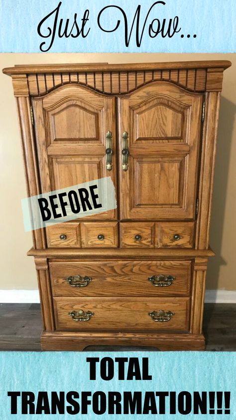 Redone Vintage Furniture, Upcycle Oak Furniture, Redoing Old Furniture Before After, Upcycle Tallboy Dresser, Armoire Diy Makeover, Armoire Repurpose Bedroom, Refurbish Entertainment Center, Redoing Armoire Diy Ideas, Repurposing Furniture Ideas