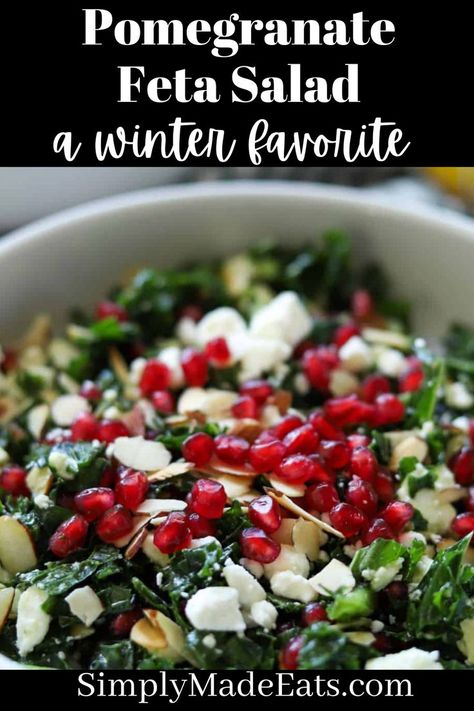 Pomegranate salad with feta and kale. Easy Feta Salad, Kale Apple Pomegranate Salad, Salad With Dates And Feta, Cranberry Kale Salad Recipes, Pomegranate Cabbage Salad, Pomegranate Apple Feta Salad, Spinach Salad With Pomegranate Seeds, Apple Feta Salad Recipe, Farro Pomegranate Salad