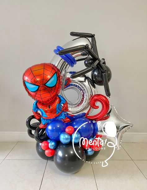 Spider Man Balloon Ideas, Spiderman Balloon Decor, Spiderman Balloon Bouquet, Avengers Balloon Bouquet, Spider Man Balloon Bouquet, Superman Balloon Bouquet, Metallic Party Decor, Spiderman Balloon, Superhero Birthday Party Decorations