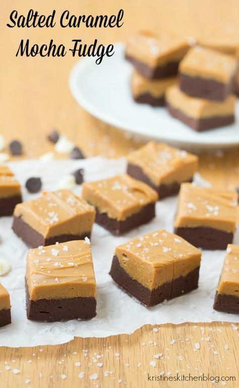 So easy Salted Caramel Mocha Fudge, made in the microwave in just minutes! #holiday | Kristine's Kitchen Caramel Coffee Fudge, Coffee Fudge Recipes, Easy Salted Caramel, Coffee Fudge, Mocha Fudge, Coffee Desserts, Homemade Fudge Recipes, Salted Caramel Mocha, Microwave Fudge