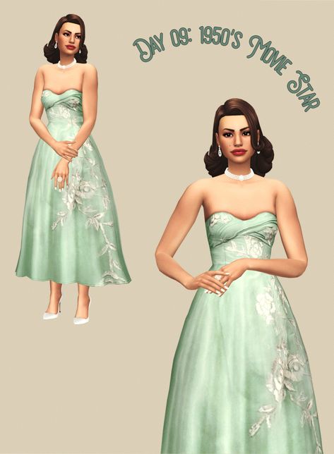 Day 09: 1950′s Movie Star Genetics: See this post Outfit: Hair / Dress / Shoes / Earrings / Necklace / Ring / Eyeshadow / Eyeliner / Blush / Lipstick Poses by: @helgatisha Credit: @zurkdesign... 1950s Movie Stars, Sims 4 Decades Challenge, Sims Medieval, 1950s Hairstyles, 50s Hairstyles, Blush Lipstick, Family Portrait Poses, The Sims 4 Packs, Hair Dress