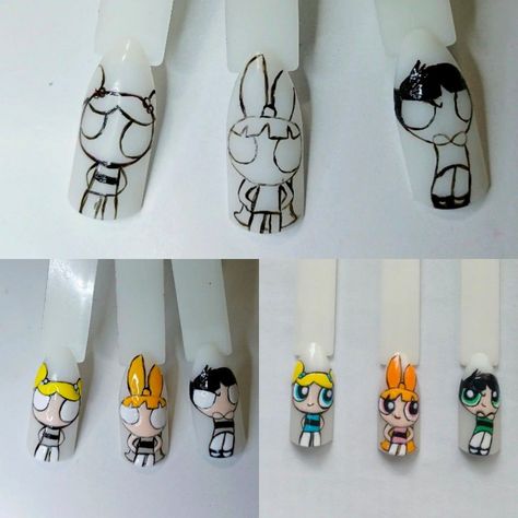 Easy Anime Nail Art, Nail Art Characters Step By Step, Step By Step Character Nail Art, Nail Drawing Tutorial, Cartoon Art On Nails, Nail Art Character Design, Cartoon Nail Designs Step By Step, Brush Art Nails, Character Nail Art Step By Step