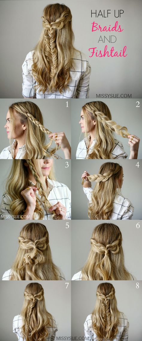 Half Up Braids and Fishtail Half Up Braids, Fishtail Hair, Braids Fishtail, Missy Sue, Fishtail Braids, Braided Bun Hairstyles, Fishtail Braid, Shoulder Hair, Bohemian Hairstyles