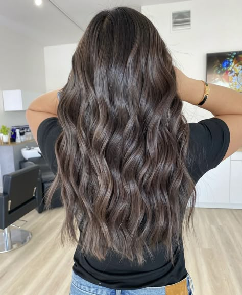 Brunette Highlights Medium Length, Dark Brown No Highlights, Dark Hair Brown Balayage, Chocolate Brown Ash Balayage, Ash Beige Highlights On Brown Hair, All Dark Brown Hair, Dark Brunette Cool Tones, Dark Hair Cool Tone Highlights, Long Dark Ash Brown Hair