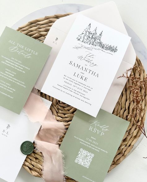 Here it is! S&Ls stunning wedding invitation suite featuring THAT epic engagement location sketch. Northern Finland in the snow - swoon. Designed in shades of sage and forest green, this invitation suite is paired with envelopes in the softest of blush-nudes.⁠ ⁠ This design is from the ORDELLE Semi Custom range, ready and waiting to be customised to suit your wedding colour scheme x⁠ ⁠ G x⁠ Location Sketch, Wedding Drink Bar, Original Wedding Invitations, Wedding Invitation Suites, Just My Type, Invitation Suites, Wedding Colour, Engagement Locations, Classic Wedding Invitations