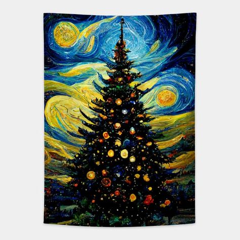 Christmas starry night painting inspired by Van Gogh - Christmas Art - Tapestry | TeePublic Van Gogh Christmas Art, Whimsical Christmas Paintings, Christmas Netherlands, Christmas Starry Night, Start Night, Christmas Sketch, Starry Night Art, Starry Night Painting, Christmas Artwork