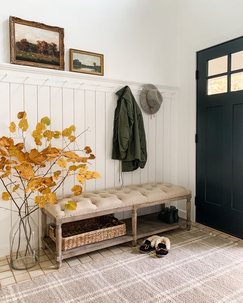 Pegs In Entryway, Entry Ledge Decor, Foyer Shiplap Entryway, Shiplap In Entryway, Entryway Mudroom Bench, Entry Shiplap Wall, Vertical Shiplap Foyer, Entry Way Peg Shelf, Entryway Paneling Entrance