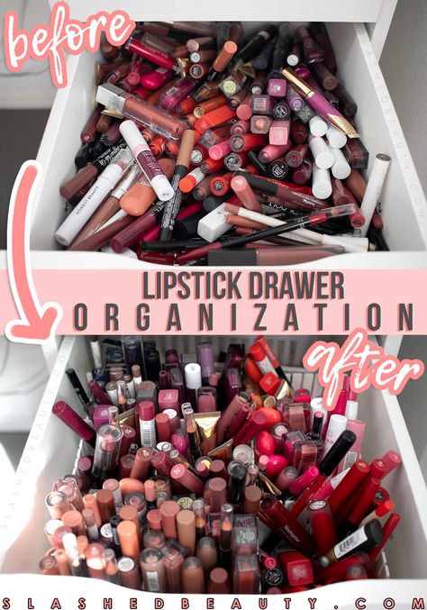 Best Cheap Lipstick Drawer Organization | How to organize your lipstick drawer and makeup collection | Slashed Beauty #makeuporganization #beautyorganization #makeupcollection #organization #makeupdrawers How To Organize Lipstick, Lipstick Organization Ideas, Lipstick Storage Ideas, Messy Lipstick, Lipstick Organization, Cheap Drawers, Perfume Collection Display, Ikea Alex Drawers, Cheap Lipstick