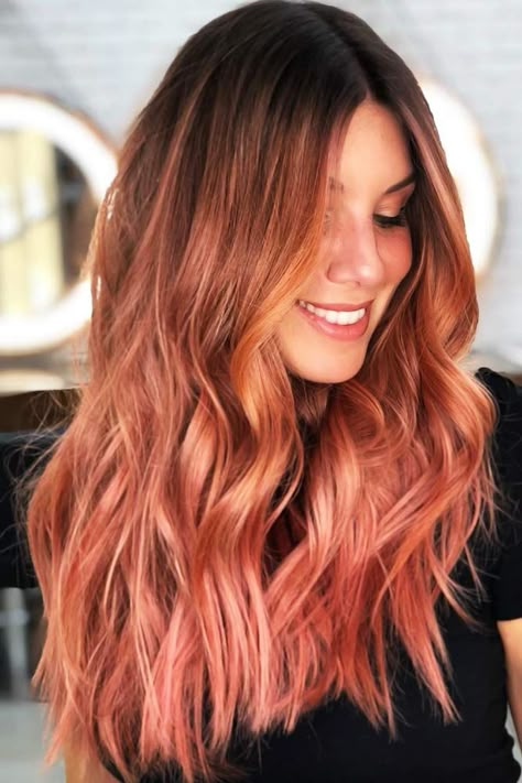 Orange Rose #orangehair #redhair ❤ Looking for orange hair color ideas? Bright orange ombre with dark roots, pastel and neon pink ideas, light copper shades, and lots of inspirations is here! ❤ #lovehairstyles #hair #hairstyles #haircuts Peach Hair Brunette, Blorange Hair Balayage, Peach Balayage Brunette, Coral Balayage, Dark Peach Hair, Hair Color Ideas Bright, Orange Hair Color Ideas, Blorange Hair, Orange Hair Color