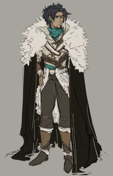 Cloak Poses Reference, Fur Cape Drawing, Winter Outfit Concept Art, Billowing Cape Reference, Cape Action Pose, Fur Cloak Drawing, Unarmed Fighter Dnd, Winter Fantasy Outfit Male, Cape Fantasy Art