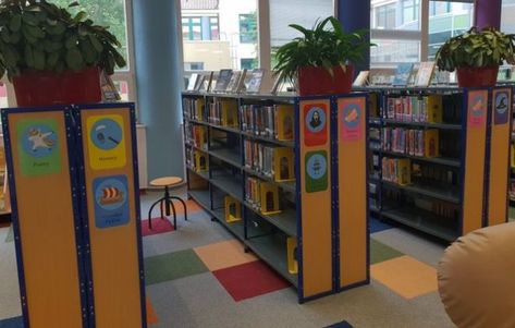 The genrefied library: How one elementary librarian made the transition Elementary School Libraries, Elementary School Library Design, School Library Signage, Elementary School Library Ideas, Elementary School Librarian, Media Center Ideas, Elementary Librarian, Library Signage, Dewey Decimal System