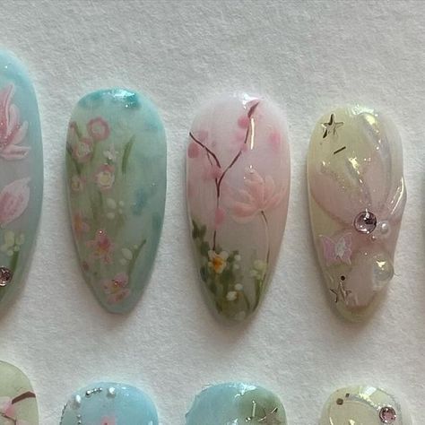 press on nails • nail design art on Instagram: "custom set ; dreamscape" Nail Watercolor Design, Nail Art Watercolor, Watercolor Nail Art, Watercolor Nails, Water Color Nails, Watercolor Design, Nails Nail, Nail Design, Pretty Nails