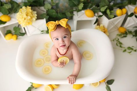 Lemon Milk Bath, Bath Inspiration, Half Birthday, Milk Bath, Baby Bath, High Chair, Lemon, Milk, Bath