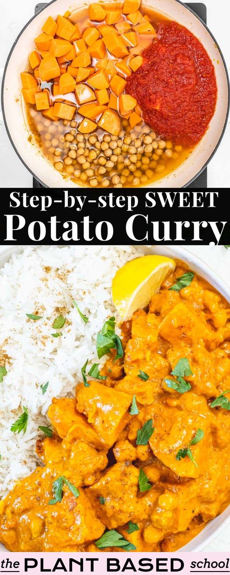 Red Pepper Curry, Chickpeas Recipes, Potato Curry Recipe, Peanut Curry, Plant Based School, Easy Sweet Potato, Canning Sweet Potatoes, Tofu Curry, Homemade Flatbread