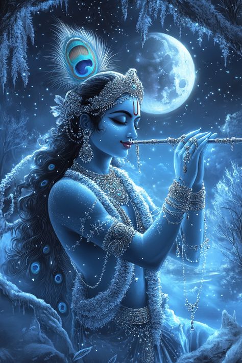 Lord Krishna plays his flute under a moonlit sky, his glassy skin glowing softly. The frosty landscape and shimmering stars create an ethereal, frozen atmosphere. Ethereal Aesthetic Wallpapers, Lord Krishna Aesthetic, Lord Krishna Wallpaper, Frosty Landscape, Frost Wallpaper, Glassy Skin, God Idols, Krishna Hindu, Krishna Flute