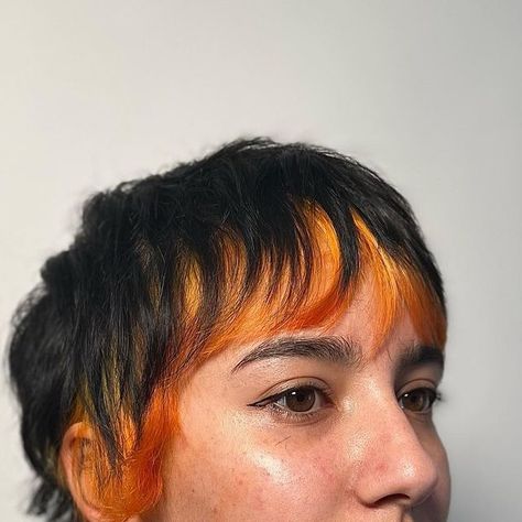 Mullet With Dyed Ends, Fun Colored Short Hair, Coloured Bangs Hair, Pixie Dyed Hair Ideas, Patch Dye Hair, Orange Pixie Hair, Pixie Haircut Color Ideas, Dyed Bangs Short Hair, Pixie Cut Dyed Hair