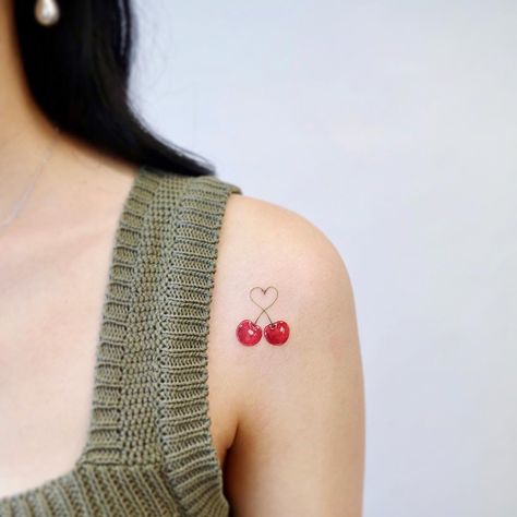 Tattoo by HeeMee #Heemee #cherrytattoos #cherrytattoo #cherry #fruit #fruittattoo #foodtattoo #food #cute #realistic #realism #hyperrealism #heart #color #watercolor #love | Aug 30th 2018 | 674223 Fruit Tattoo, Cherry Tattoos, Food Tattoos, Korean Tattoos, Small Girl Tattoos, Initial Tattoo, Tatuaje A Color, Girly Tattoos, Great Tattoos