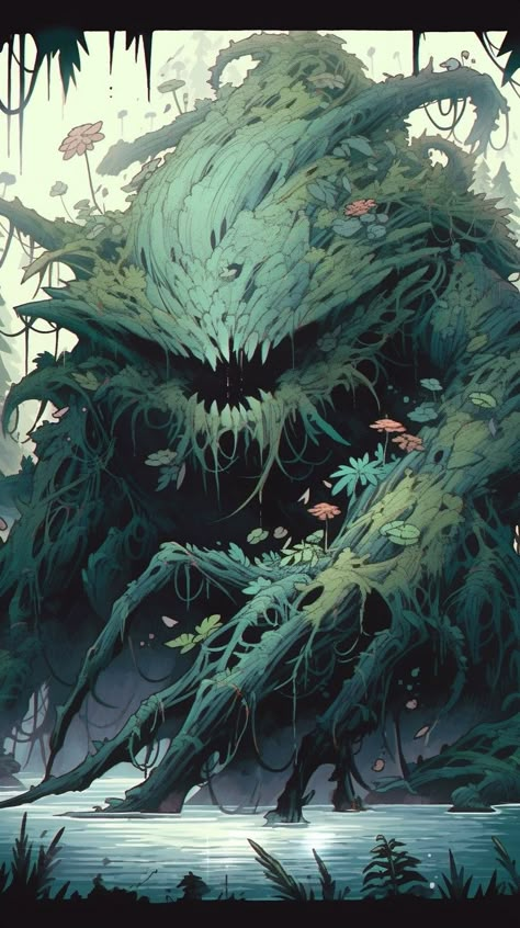 Shambling Mound Art, Shambling Mound Dnd, Nature Monster Art, Fantasy Plant Monster, Plant Magic Art, Fantasy Forest Monster, Dnd Plant Monster, Tree Monster Art, Swamp Monster Art