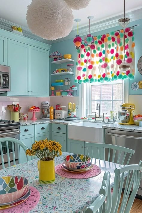 Pop Color Kitchen, Eclectic Colorful Kitchen, Rainbow Kitchen Decor, Colorful Kitchen Decor Ideas, Colorful Apartment Kitchen, Vintage Whimsical Decor, Colorful Boho Kitchen, Funky Kitchen Ideas, Colorful Eclectic Kitchen