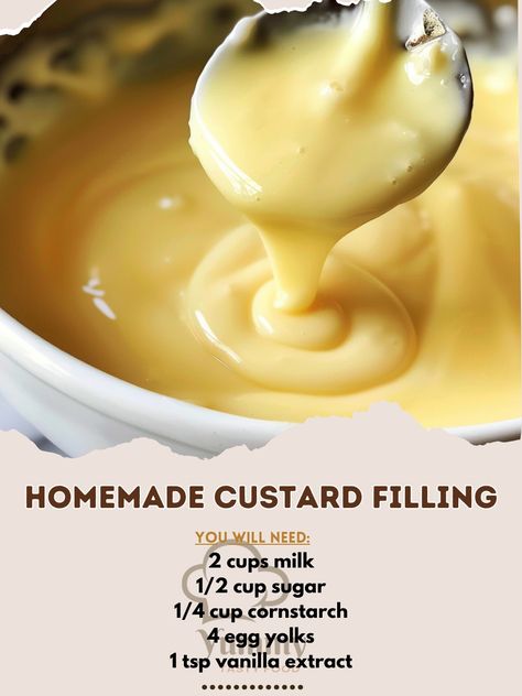 🍮🥛 Silky smooth custard for any dessert! #CustardFilling #CreamyDreamy 🍽️ Homemade Custard Filling - Creamy & Dreamy! 🛒 Ingredients: 2 cups milk 1/2 cup sugar 1/4 cup cornstarch 4 egg yolks 1 tsp vanilla extract 2 tbsp butter 👩‍🍳 Instructions: Heat Milk: In a saucepan, heat milk over medium heat. Whisk Eggs & Sugar: In a bowl, whisk egg yolks, sugar, and cornstarch. Temper Eggs: Pour a bit of warm milk into the egg mixture, then return to the saucepan. Cook Custard: Stir continuously unti... Vanilla Custard Recipe Filling, What Can You Make With Egg Yolks, Recipes That Use Egg Yolks, What To Do With Egg Yolks, Egg Yolks Recipes, Recipes With Egg Yolks, Cake And Custard, Homemade Custard Recipe, Vanilla Custard Recipe