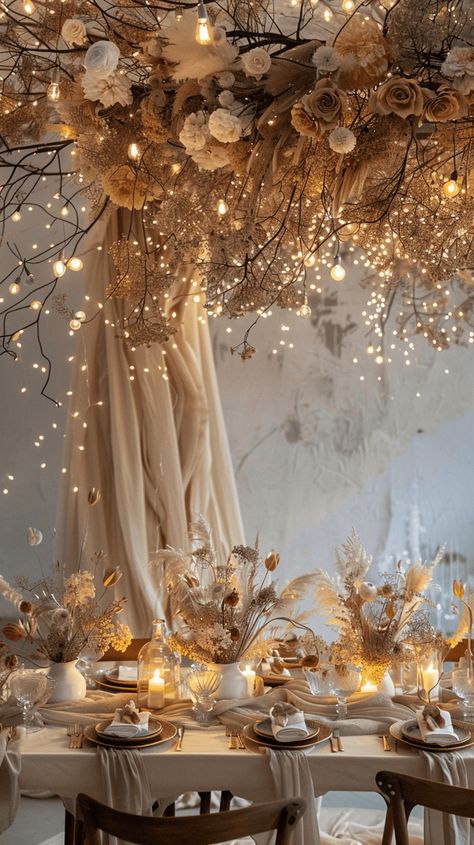 40+ Fall Wedding Ideas That Will Inspire You (Cake, Aisle, Table, Ceremony Decor, And More!) Wedding Decor Tulle, Autumn Wedding Ceiling Decorations, Wedding Branches Decor, Wedding Table Chandelier, Romantic Wedding Decor Indoor, Wedding Table Decorations Spring, Antique Fall Wedding, Graduation Blowout, Fall Wedding Decorations Diy