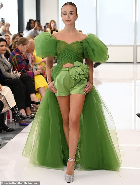 Green Dress Runway, Green Fashion Runway, Dark Green Runway, Princess Margaret Young, Luxury Green Sheer Dress, Sage Green Runway, Storm Fashion, Women Shirt Designs, Lady Amelia Windsor