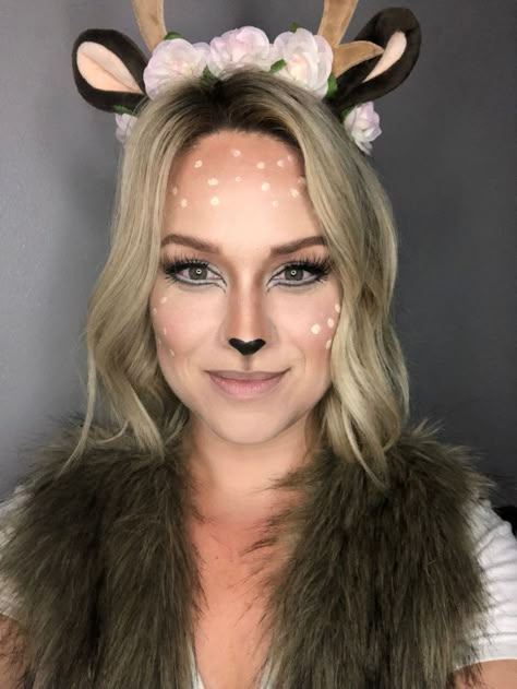 Women’s Deer Makeup, Easy Deer Face Paint, Diy Deer Face Makeup, Woodland Creature Costume Women, Women’s Deer Costume, Womens Deer Costume Diy, Reh Make Up, Deer Costume Women Makeup, Deer Halloween Costumes Women