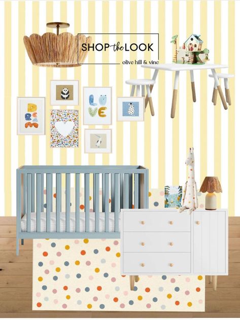 Introducing our Yellow & Blue Nursery! 🌟 Brighten your little girl's world with yellow & white striped wallpaper. Pair it with a pale blue crib, white dresser, and a 3-piece activity table set. Adorn the walls with cute art featuring "love", "dream", hearts, and charming animals. Complete the look with a scalloped raffia flush mount light. Follow my shop @OliveHillandVine on the @shop.LTK app to shop this post! Yellow Blue Nursery, Girl's World, Blue Crib, White Dresser, Blue Nursery, Activity Table, Love Dream, Flush Mount Light, Striped Wallpaper