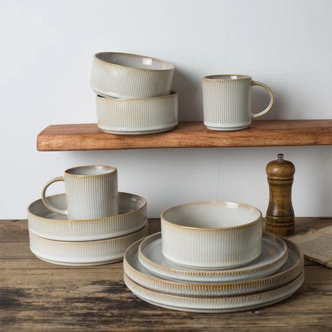 Gracie Oaks Paytan Stoneware Dinnerware Set - Service for 4 & Reviews | Wayfair Kitchen Dish Set, Farmhouse Plates Sets, Stonewear Dinner Sets, Dinnerware Sets Unique, Farmhouse Dinnerware Sets, Kitchen Crockery, Dishes Sets, Kitchen Plates, Brown Plates