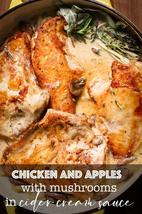 Tender pieces of chicken swimming in apple cider cream sauce with caramelized mushrooms and golden, buttery apples. This dish will blanket your home with the warm flavors of fall. Chicken Apple Dinner Recipes, Fall Main Course Recipes, Chicken Apple, Apple Cider Chicken Breast, Chicken Fall Dinners, Apples And Chicken Recipes, Autumn Chicken, Cider Chicken, Fall Recipes Chicken