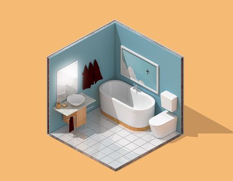 Mini Isometric Bathroom on Behance Isometric Bathroom, 3d Room, Isometric Drawing, Isometric Art, Isometric Design, Isometric Illustration, Interior Illustration, Room Planning, Mini House