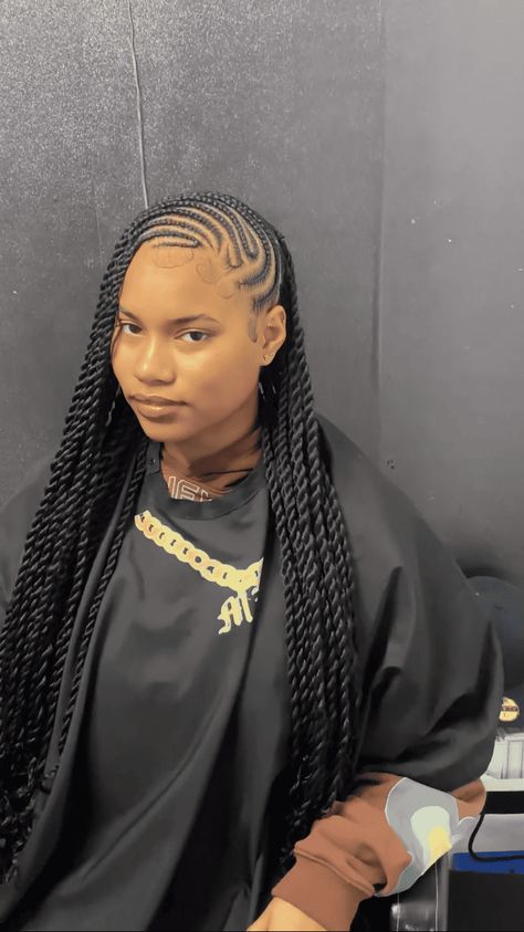 Fulani Braids Hairstyles Side Part, Half Up Half Down Lemonade Braids, Half Lemonade Braids Half Twists, Lemonade Braids Fulani, Lemonade Tribals With Knotless Braids Boho, Fulani Lemonade Braids Hairstyles, Funali Braids With Twist, Island Twist Lemonade Braids, Lemonade Island Twist Hairstyle