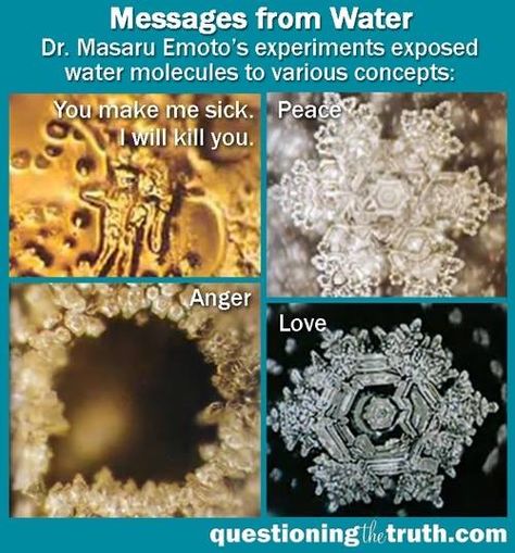 EXPANDING CONSCIOUSNESS MESSAGES FROM WATER, Dr Masaru Emoto's experiments with water when he exposed water molecules to various concepts.. http://.www.inner-being.eu Dr Emoto, Masaru Emoto Water, Hidden Messages In Water, Water Healing, Mind Body Soul Connection, Water Crystals, Emotion Code, Masaru Emoto, Water Experiments