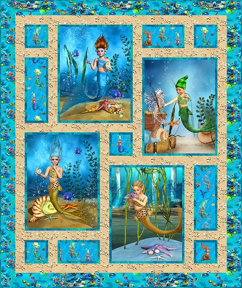 Free Pattern – Mermaidens | eQuilter Blog Horizontal Panel Quilt Patterns Free, Things To Make With Fabric Panels, Quilt Pattern For Panels, Quilt Patterns With Panels Ideas, Multiple Panel Quilts Ideas Layout, 4 Panel Quilts Ideas Layout, Large Panel Quilts, Pillow Panel Quilt Patterns, Pillow Panel Quilts