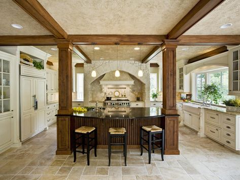 beams Kitchen Island Ideas With Columns, Kitchen Island With Columns, Column Ideas, Columns Decor, Wooden Columns, Traditional Kitchen Design, Gorgeous Kitchens, Trendy Kitchen, Traditional Kitchen