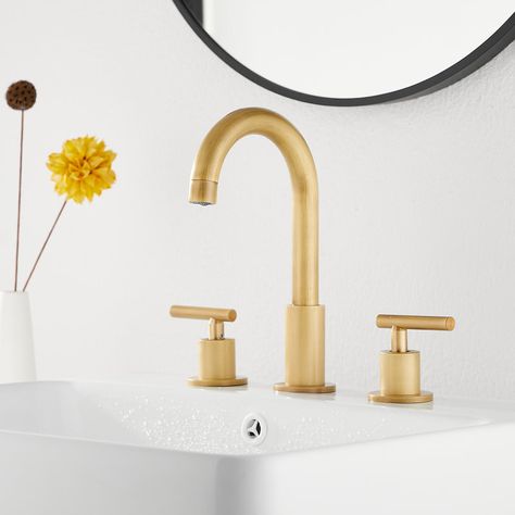 UFINE Widespread Bathroom Faucet with Drain Assemly | Wayfair Gold Faucet, Widespread Faucet, Plumbing Bathroom, Master Bath Remodel, Widespread Bathroom Faucet, Boys Bathroom, Half Bathroom, Bathroom Update, Signature Hardware